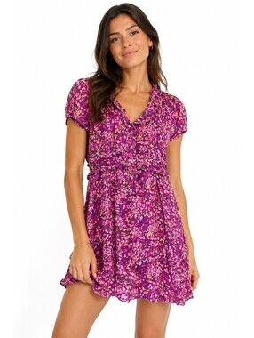 Anthropologie Left of Center Pink Floral Ruffle Short Sleeve Button Mini Dress 4